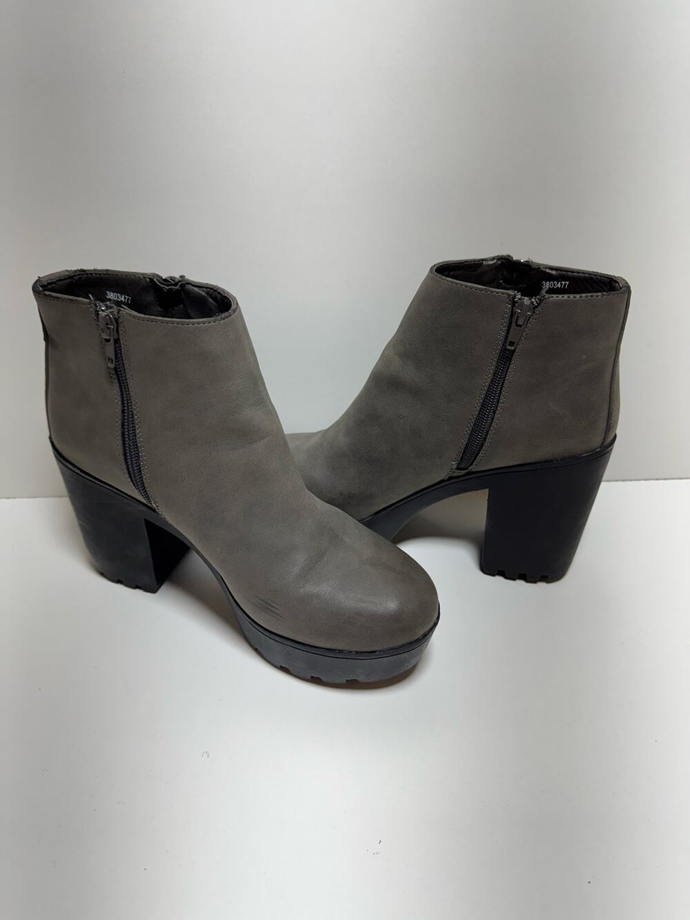 Y2K Chunky Grunge Ankle Boots Side Zipper Block Heel Taupe Sz 7 Synthetic